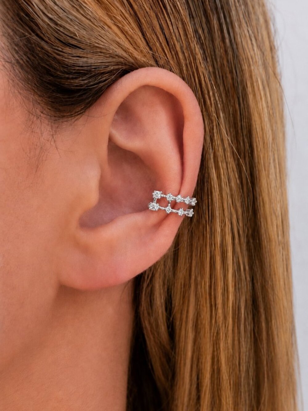 Classy Double Row Silver Crystal Ear Cuff Rhinestones Earring Jewelry Waterproof
